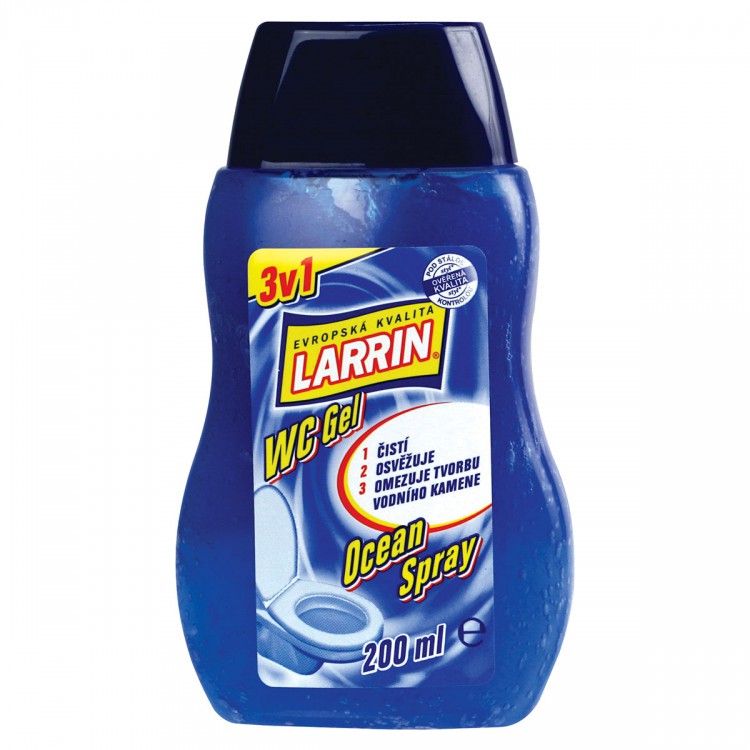 Larrin  WC gel 3v1 200ml ocean | Čistící, dezinf.prostř., dezodoranty - Přípravky na WC - Závěsy na WC a pissoárové kostky